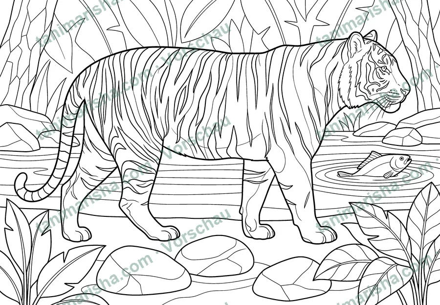 Tierwelten Malbuch für Erwachsene – Tiger am Dschungelfluss (Seite 55, Panorama) (Ausmalseite)