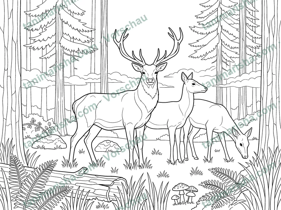 Tierwelten Malbuch für Erwachsene – Hirschrudel im Morgennebel (Seite 109, Panorama) (Ausmalseite)