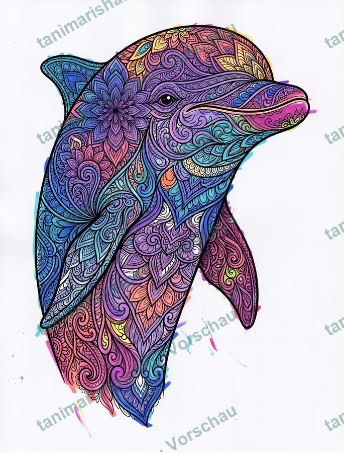 Mandala Tier Malbuch für Erwachsene – Delfin (Seite 9) (ausgemalt)