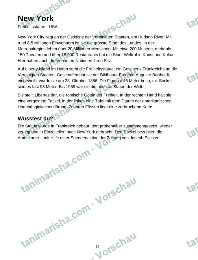 Mit dem Farbstift um die Welt – New York – Freiheitsstatue (Seite 37) (Textseite)
