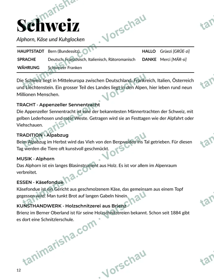 Die Welt in Farbe – Malbuch der Länder und Kulturen – Schweiz (Seite 13) (Textseite)